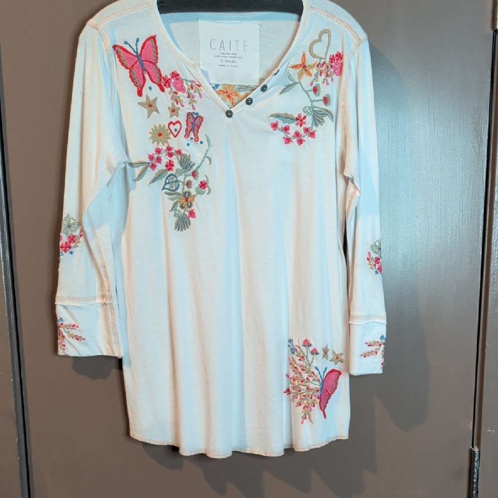 Caite Women's Cream Embroidered Long Sleeve Top